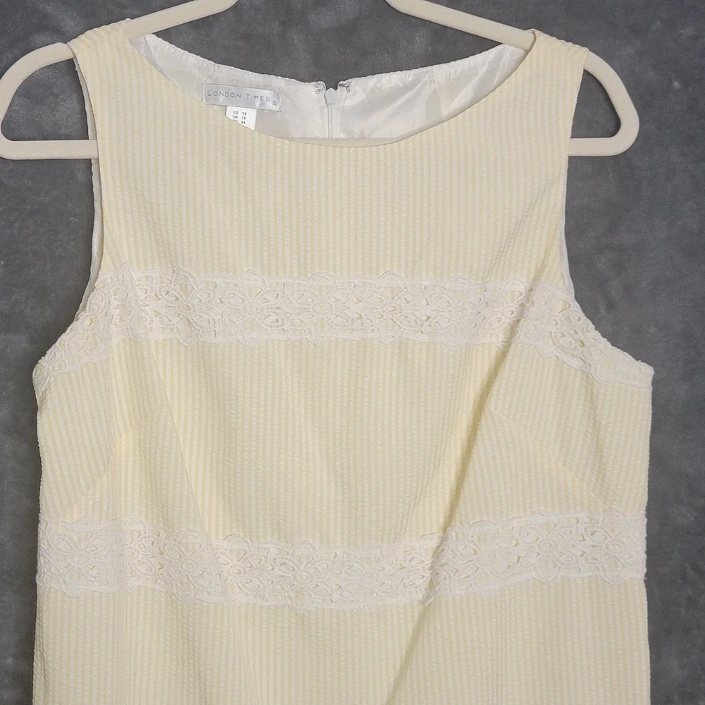 London Times Sheath Dress 14 Yellow Seersucker Lace Trim Preppy Coastal Vintage - Picture 2 of 10